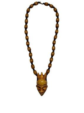 Vintage Carved Wooden Tribal Mask Necklace Beaded Wood Pendant 20”